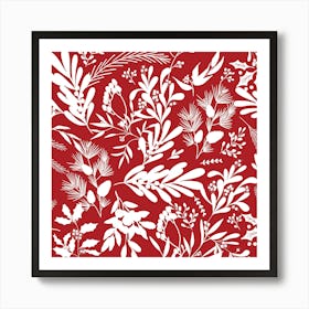 Christmas Botanical Leaves - Red White Art Print