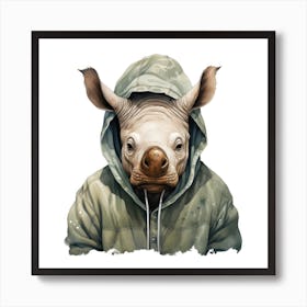 Watercolour Cartoon Rhinoceros In A Hoodie Art Print