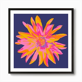 DAHLIA BURSTS Single Abstract Blooming Floral Summer Bright Flower in Fuchsia Pink Yellow Purple on Dark Blue Art Print