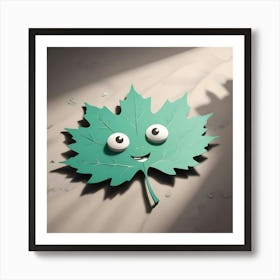 A 3d Rendering Of A Cartoonish Green Maple Leaf With Large, Googly Eyes And A Cheerful Smile, Lying On A White Surface With Light Rays Shining On It Art Print