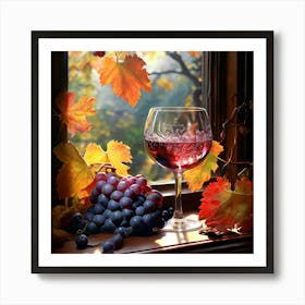 Still Life Autumn Bunch Of Grapes On The Window Wine In A Glass Art Print