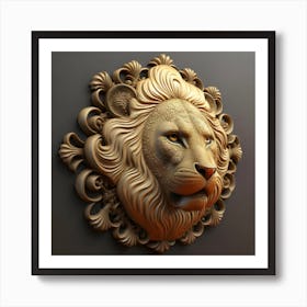 Lion in 3D view with decorative patterns crafted on leather surfaces. 3 Art Print