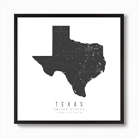 Texas Mono Black And White Modern Minimal Street Map Square Art Print