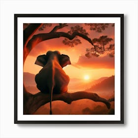 Sunset Elephant In Tree Art Print