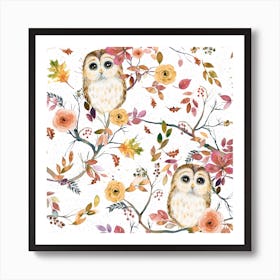 Owls Tree Autumn Square Art Print