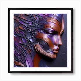 Portrait Of An Abstract Woman's Face - An artwork in embossed 3d style, with purple and orange colors. The abstract lines and texture are applied in an artistic style on a dark background. Art Print