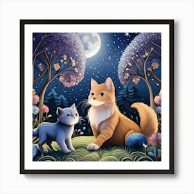 Two Cats In The Moonlight Art Print