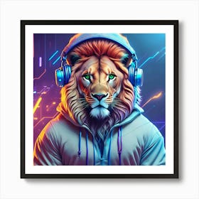 Lion With Headphones Art Print