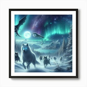 Snowy Wolf Pack Family 1 Art Print