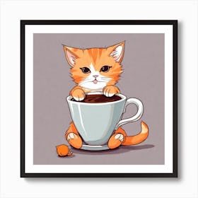 Cute Orange Kitten Loves Coffee Square Composition 15 Art Print
