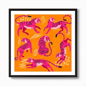 Vibrant Pink Tigers On Bright Orange Square Art Print