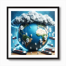 Photo Illustration_ A large globe sits on a wooden table with various major cities highlighted by tiny price tag icons. Around the globe, multiple car Art Print