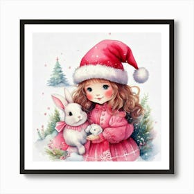 Firefly Christmas, Bunnies, Santa, Hat, Pastel, Watercolor, Pink, Dresses, Cute, Festive, Holiday, W (2) Art Print