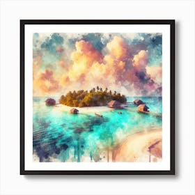 Tropical Haven, A pastel artwork showcasing a detailed view of the lush greenery on parts of the atoll, contrasted against the deep blue ocean. This artwork would look great in a study or a bedroom, where it can inspire creativity and relaxation. Art Print