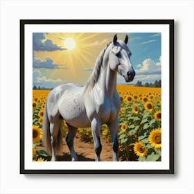 White Horse In Sunflower Field 2 Art Print