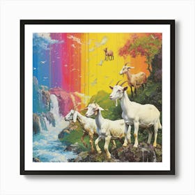 Abstract Rainbow Retro Mountain Goats Art Print