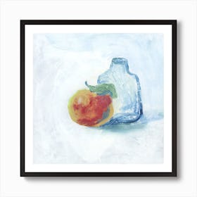 Apple And A Glass Bottle painting still life kitchen dining white light square Art Print