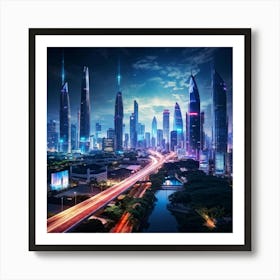 Bangkok Cityscape Set In A Futuristic Era Skyscrapers Ablaze With Neon Lights Merging Seamlessly W (6) Art Print