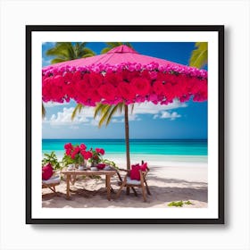 Flowers Umbrella On The Beach Art Print