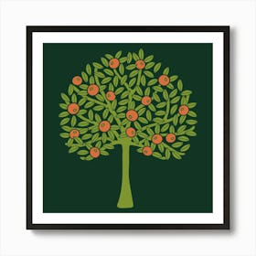 ORANGERIE Tropical Citrus Fruit Tree Botanical in Vintage 1970s Avocado Green and Burnt Orange on Dark Green 1 Art Print