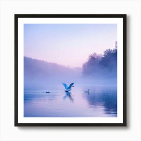 Swan Gliding Gracefully Wings Outstretched On A Mystical Lake Reflecting A Dusk Sky Pastel Gradi Art Print