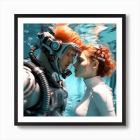3d Dslr Photography Couples Inside Under The Sea Water Swimming Holding Each Other, Cyberpunk Art, By Krenz Cushart, Both Are Wearing A Futuristic Swimming With Helmet Suit Of Power Armor 1 Art Print