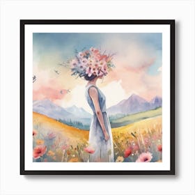 Watercolor Of A Woman With Flowers Art Print