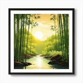 A Stream In A Bamboo Forest At Sun Rise Square Composition 6 Art Print