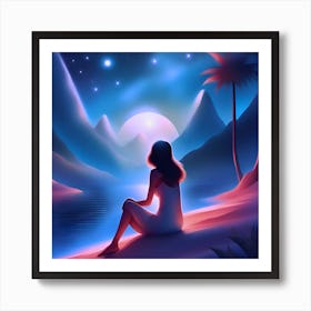 Woman Looking At The Moon- Romantic beauty brunette in fashionable clothes on the beach during sunset. Art Print