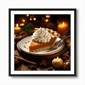 Top View Of A Pumpkin Pie Slice Adorned With A Dollop Of Whipped Cream Resting On A Rustic Wooden T (1) Art Print