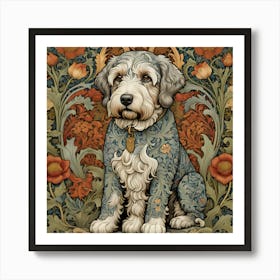 Dog With Flowers william morris Style Art Print