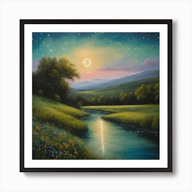 Oil painting picture of a very clear moon with stars, beautiful sky, river, flowers and sand 1 Art Print