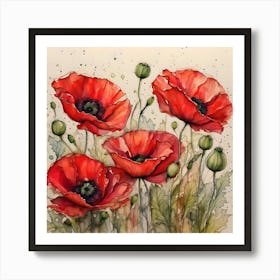 Vibrant Red Poppies With Alcohol Ink Painting Art Print