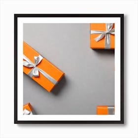 Orange Gift Box On A Plain Silver Background Art Print