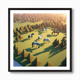 Low Poly Horses In The Forest Art Print