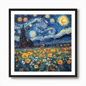 Field of Flowers Starry Night Van Gogh Inspired Art Print