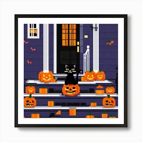 Halloween Cat On Steps In Front Of The Halloween House (27) Art Print