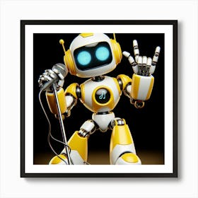 A yellow and white robot with a microphone in its hand is rocking out on stage with one hand in the air and the other holding the microphone. Art Print