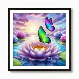 Butterly around flowers 1 Art Print