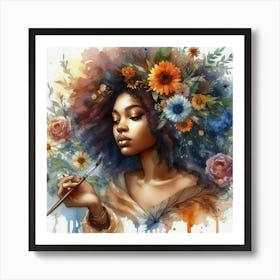 Watercolor Of A Woman With Flowers 1 Art Print