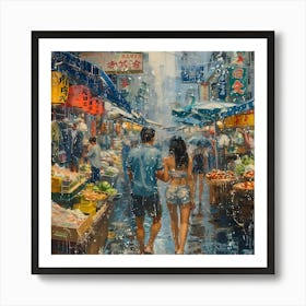 Hong Kong Market, In Warm Colors, Impressionism, Surrealism Art Print