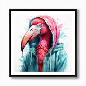 Watercolour Cartoon Flamingo In A Hoodie Art Print