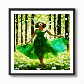 Girl In Green Dress In The Forest Art Print