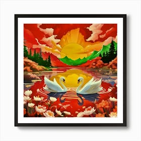 Sunset Swans Art Print