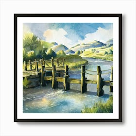 Watercolour Of A Wooden Bridge Art Print