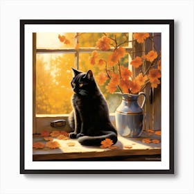 Autumn Cat on Window Art Print