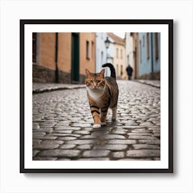 A Cat Walks On Its Hind Legs Down A Cobblestone Street Lined With Buildings Art Print