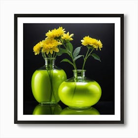 Yellow Flowers In Green Vases Art Print