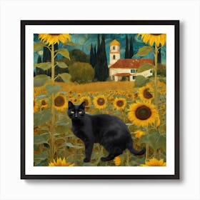 Gustav Klimt Inspired , Farm Garden With Sunflowers And A Black Cat 6 Art Print