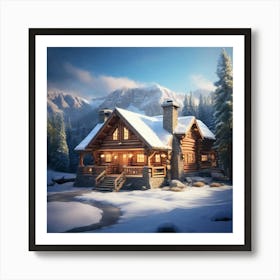 Cabin In The Snow paintings art print Art Print